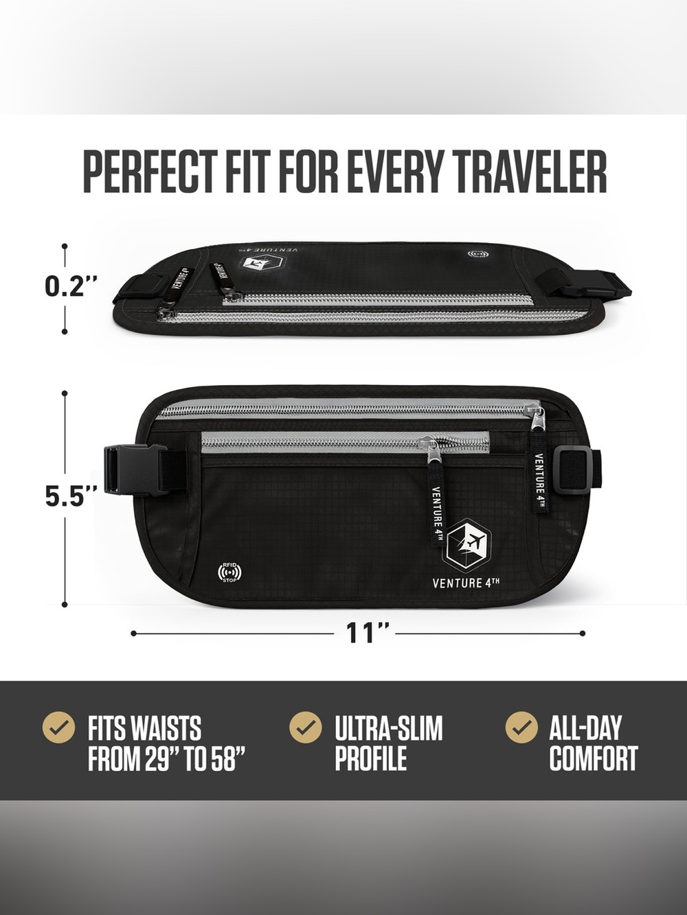 Venture 4th Black Belt Bag — Sleek Everyday RFID Blocking Bag - Picture 4 of 7